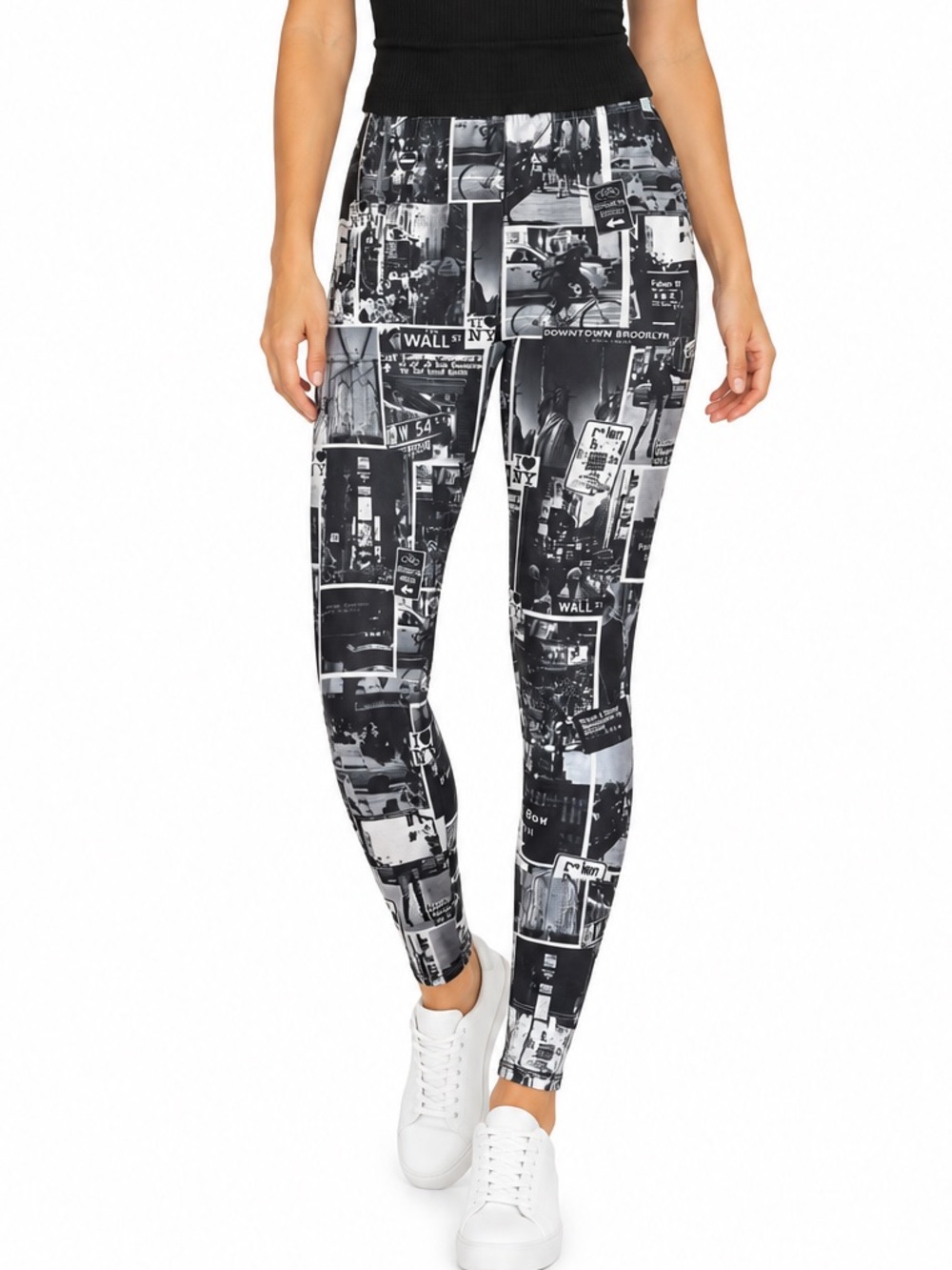 Poliana Plus NYC Print Leggings Size 3X Black White Brooklyn Wall Street Stretch